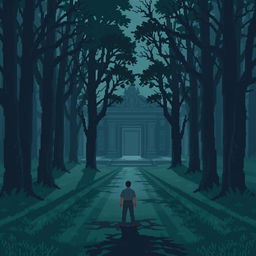 A pixel art scene depicting a dark, eerie forest