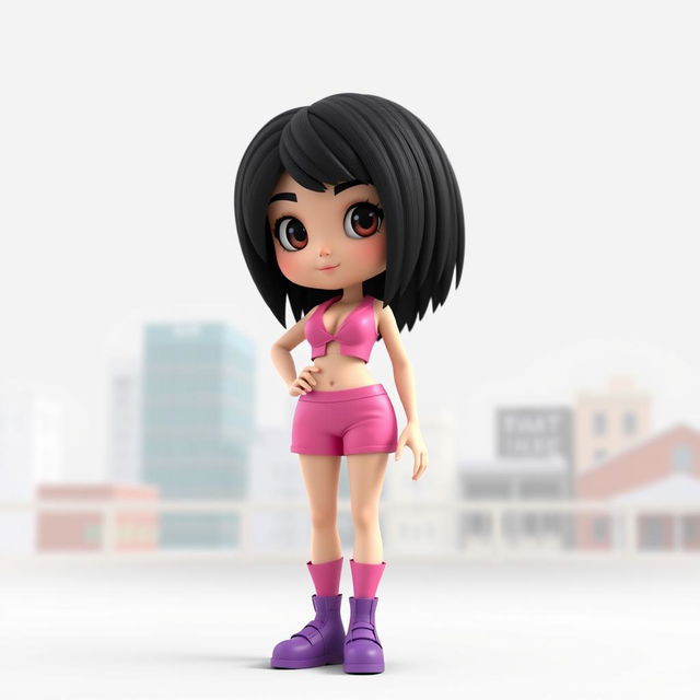 A 3D model of an Asian girl with sharp black hair, wearing a two-piece pink outfit that fully exposes her midriff, paired with purple shoes