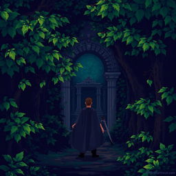 A pixel art scene depicting a dark, dense forest filled with lush, leafy trees