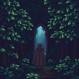 A pixel art scene depicting a dark, dense forest filled with lush, leafy trees