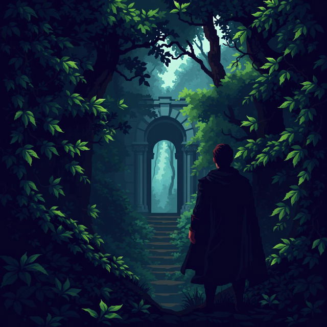 A pixel art scene depicting a dark, dense forest filled with lush, leafy trees