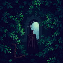 A pixel art scene depicting a dark, dense forest filled with lush, leafy trees