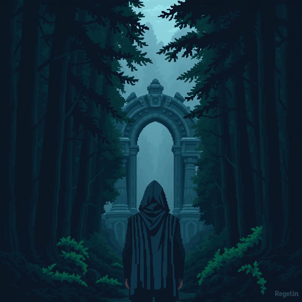 A pixel art scene depicting a dark, foreboding forest