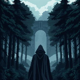 A pixel art scene depicting a dark, foreboding forest