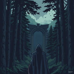 A pixel art scene depicting a dark, foreboding forest