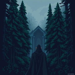 A pixel art scene depicting a dark, foreboding forest