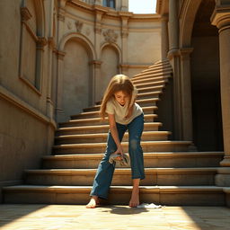 A 3D model of a girl bending down, washing the stairs of an ancient villa with a wet cloth