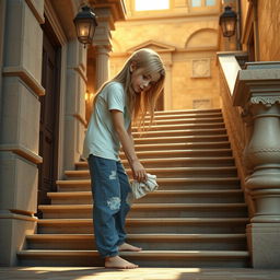 A 3D model of a girl bending down, washing the stairs of an ancient villa with a wet cloth