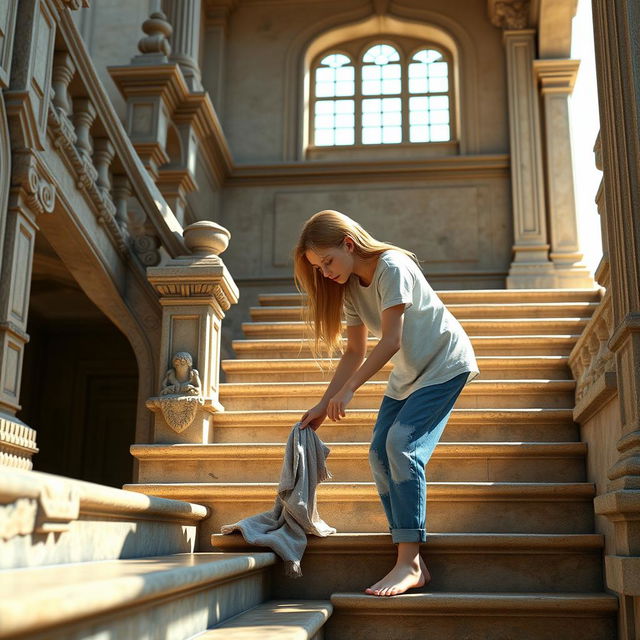 A 3D model of a girl bending down, washing the stairs of an ancient villa with a wet cloth