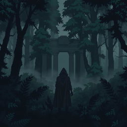 A pixel art scene depicting a dark, ominous forest