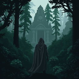 A pixel art scene depicting a dark, ominous forest