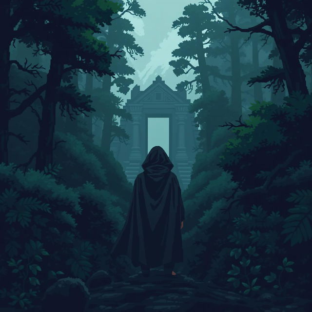 A pixel art scene depicting a dark, ominous forest