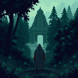 A pixel art scene depicting a dark, ominous forest