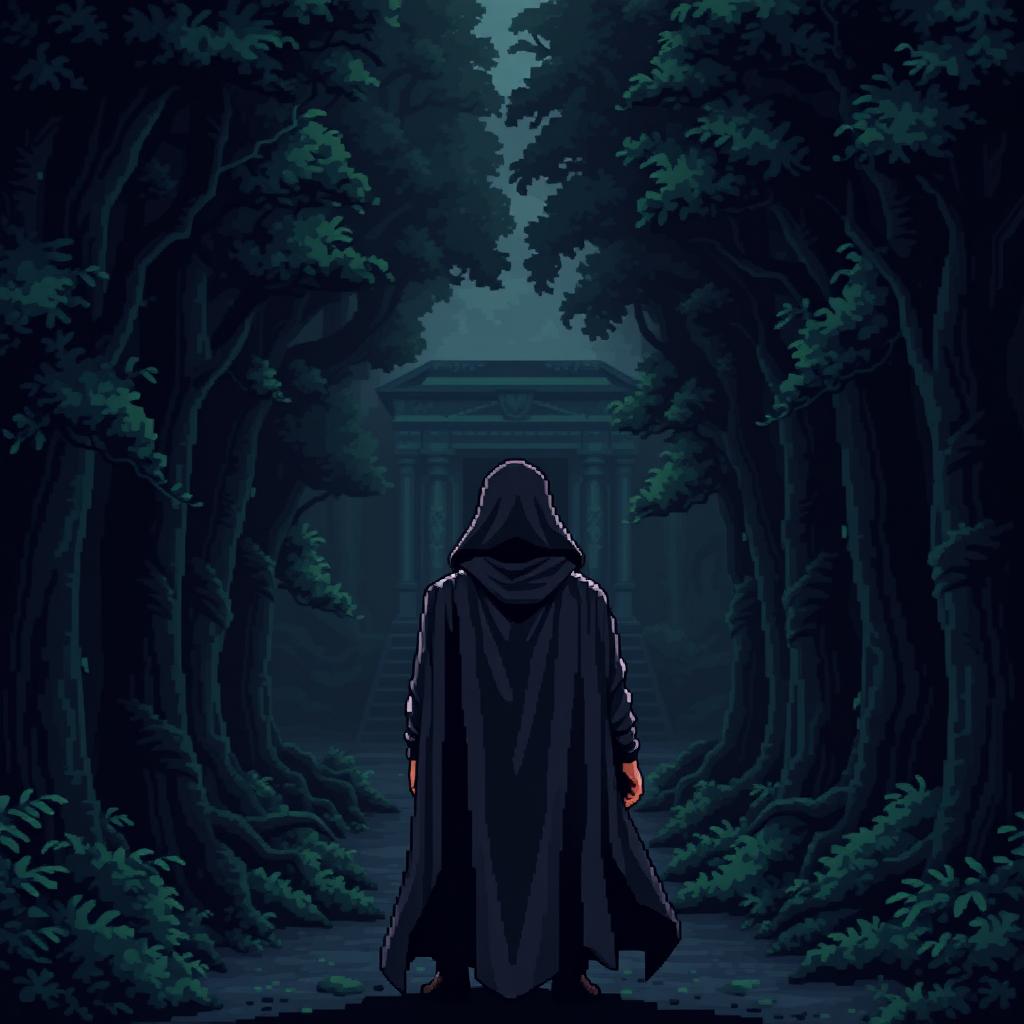 A pixel art scene depicting a dark, eerie forest