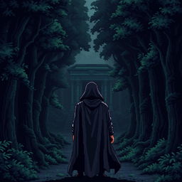 A pixel art scene depicting a dark, eerie forest