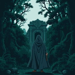 A pixel art scene depicting a dark, eerie forest