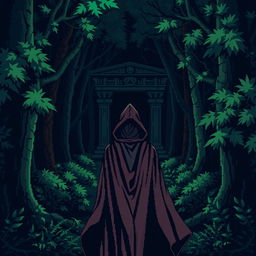 A pixel art scene depicting a dark, eerie forest