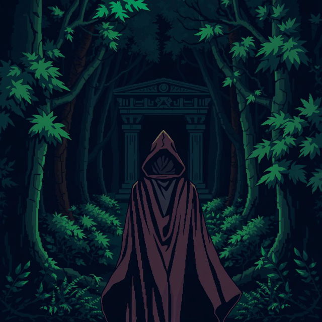 A pixel art scene depicting a dark, eerie forest