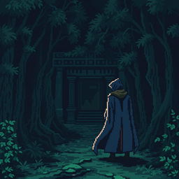 A pixel art scene depicting a dark, eerie forest