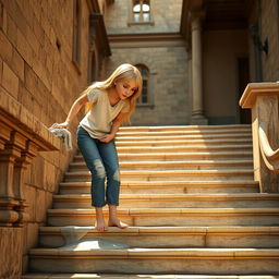 A 3D model of a girl leaning over the stairs of an ancient villa, washing them with a wet cloth