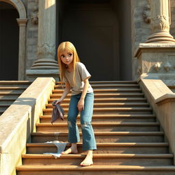 A 3D model of a girl leaning over the stairs of an ancient villa, washing them with a wet cloth