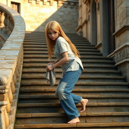 A 3D model of a girl leaning over the stairs of an ancient villa, washing them with a wet cloth