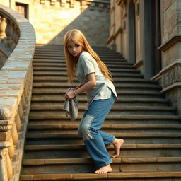 A 3D model of a girl leaning over the stairs of an ancient villa, washing them with a wet cloth