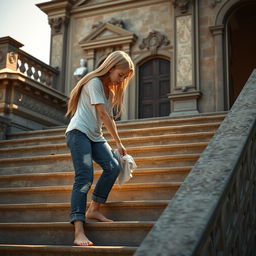 A 3D model of a girl leaning over the stairs of an ancient villa, washing them with a wet cloth