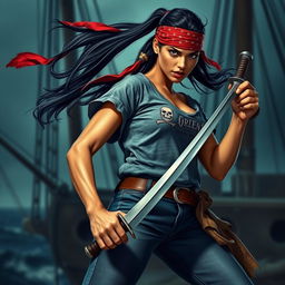 A fierce female pirate ready for action, with sun-kissed amber skin and long black hair flowing in a ponytail