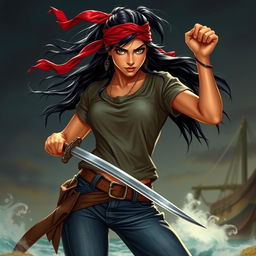 A fierce female pirate ready for action, with sun-kissed amber skin and long black hair flowing in a ponytail