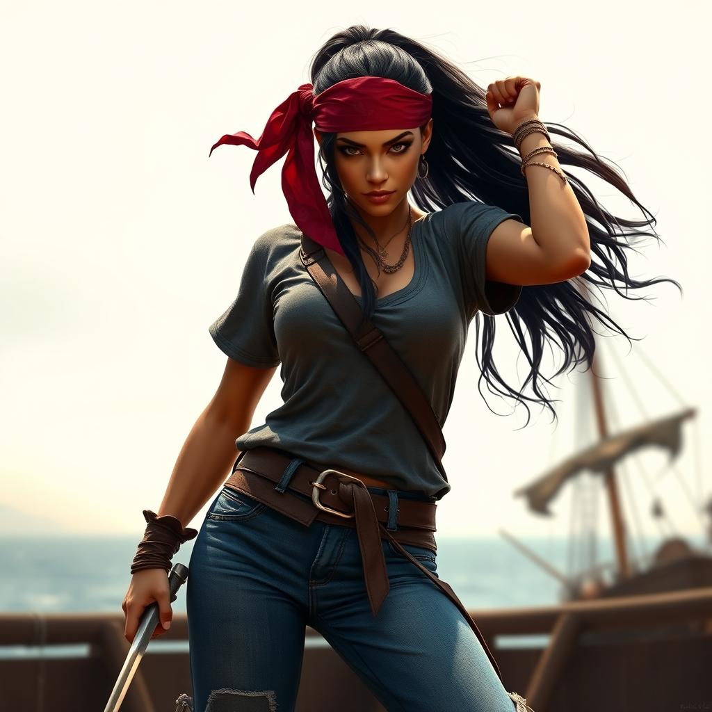 A fierce female pirate ready for action, with sun-kissed amber skin and long black hair flowing in a ponytail