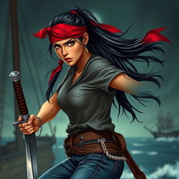 A fierce female pirate ready for action, with sun-kissed amber skin and long black hair flowing in a ponytail