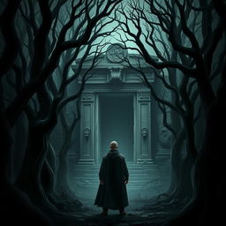 A digital art scene showcasing a dark, ominous forest filled with tall, twisted trees whose branches intertwine overhead, creating a sense of confinement