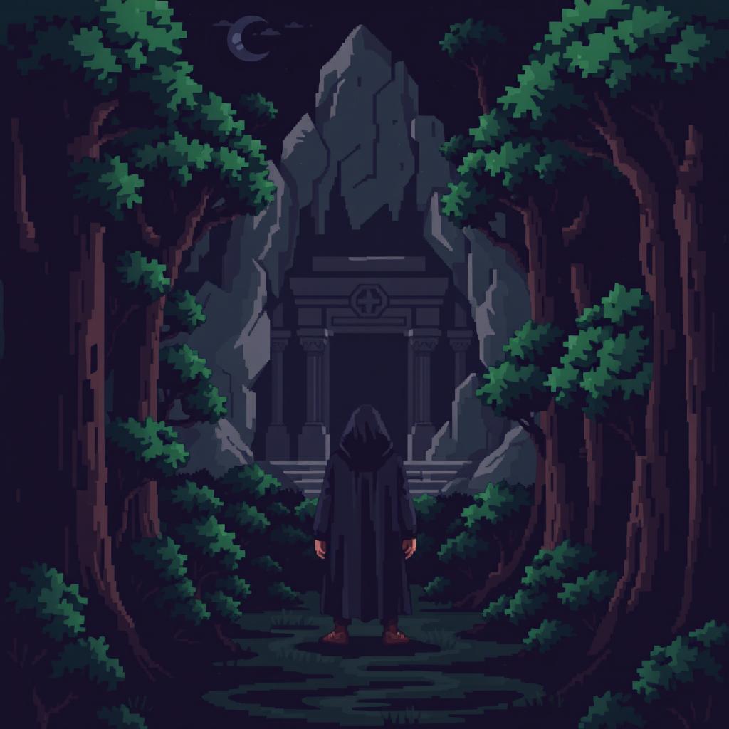 A pixel art scene showcasing a dark, eerie forest filled with stylized, blocky trees that contribute to a sense of foreboding