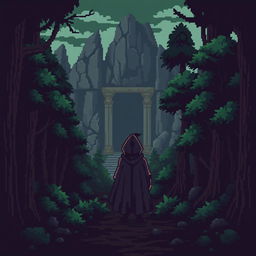 A pixel art scene showcasing a dark, eerie forest filled with stylized, blocky trees that contribute to a sense of foreboding