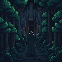 A pixel art scene showcasing a dark, eerie forest filled with stylized, blocky trees that contribute to a sense of foreboding