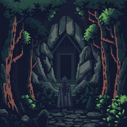 A pixel art scene showcasing a dark, eerie forest filled with stylized, blocky trees that contribute to a sense of foreboding