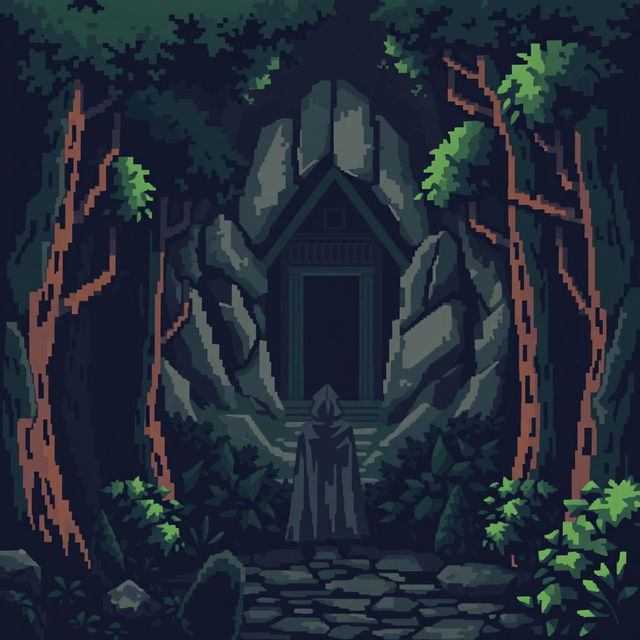 A pixel art scene showcasing a dark, eerie forest filled with stylized, blocky trees that contribute to a sense of foreboding