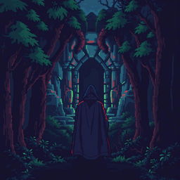 A pixel art scene depicting a dark, foreboding forest filled with stylized, pixelated trees that add to the eerie atmosphere