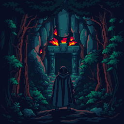 A pixel art scene depicting a dark, foreboding forest filled with stylized, pixelated trees that add to the eerie atmosphere