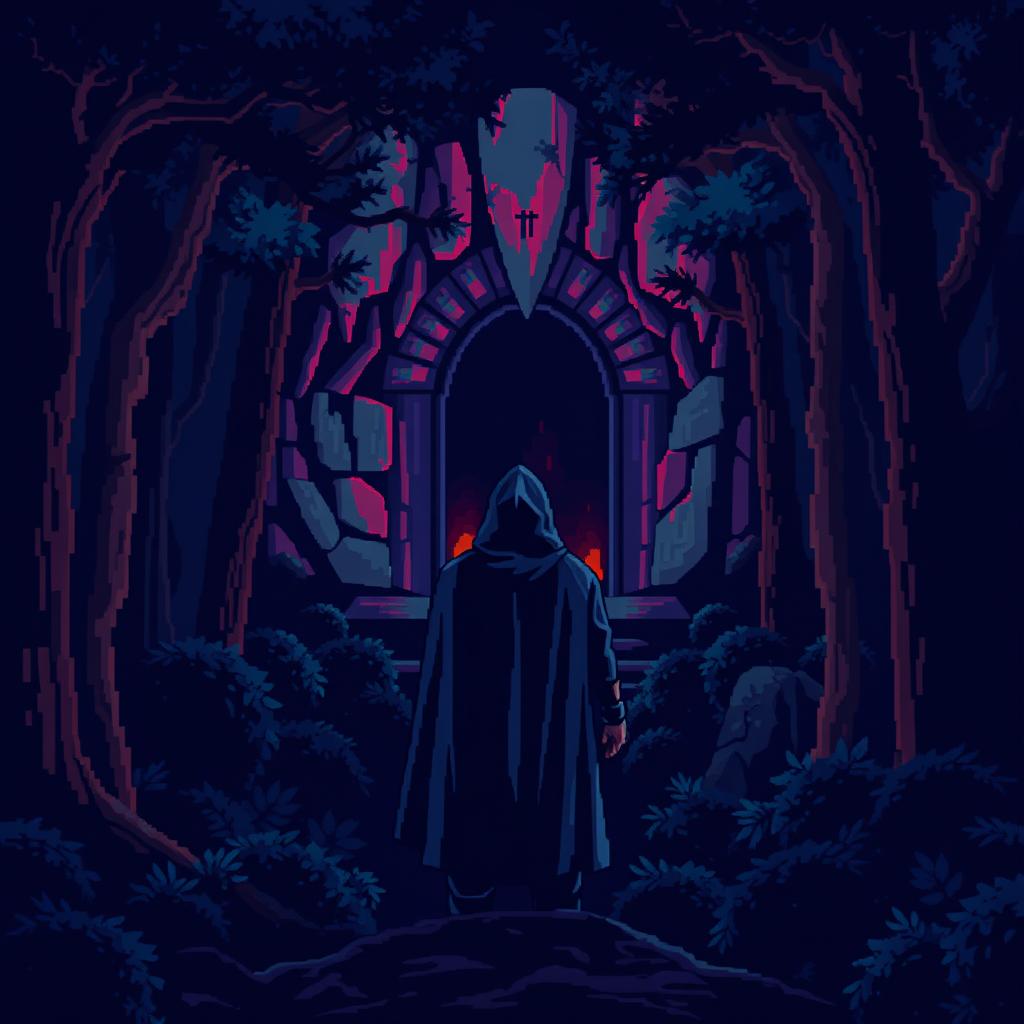 A pixel art scene depicting a dark, foreboding forest filled with stylized, pixelated trees that add to the eerie atmosphere