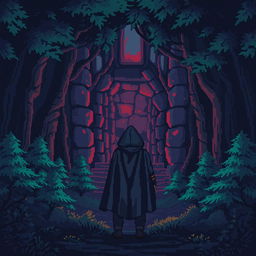 A pixel art scene depicting a dark, foreboding forest filled with stylized, pixelated trees that add to the eerie atmosphere