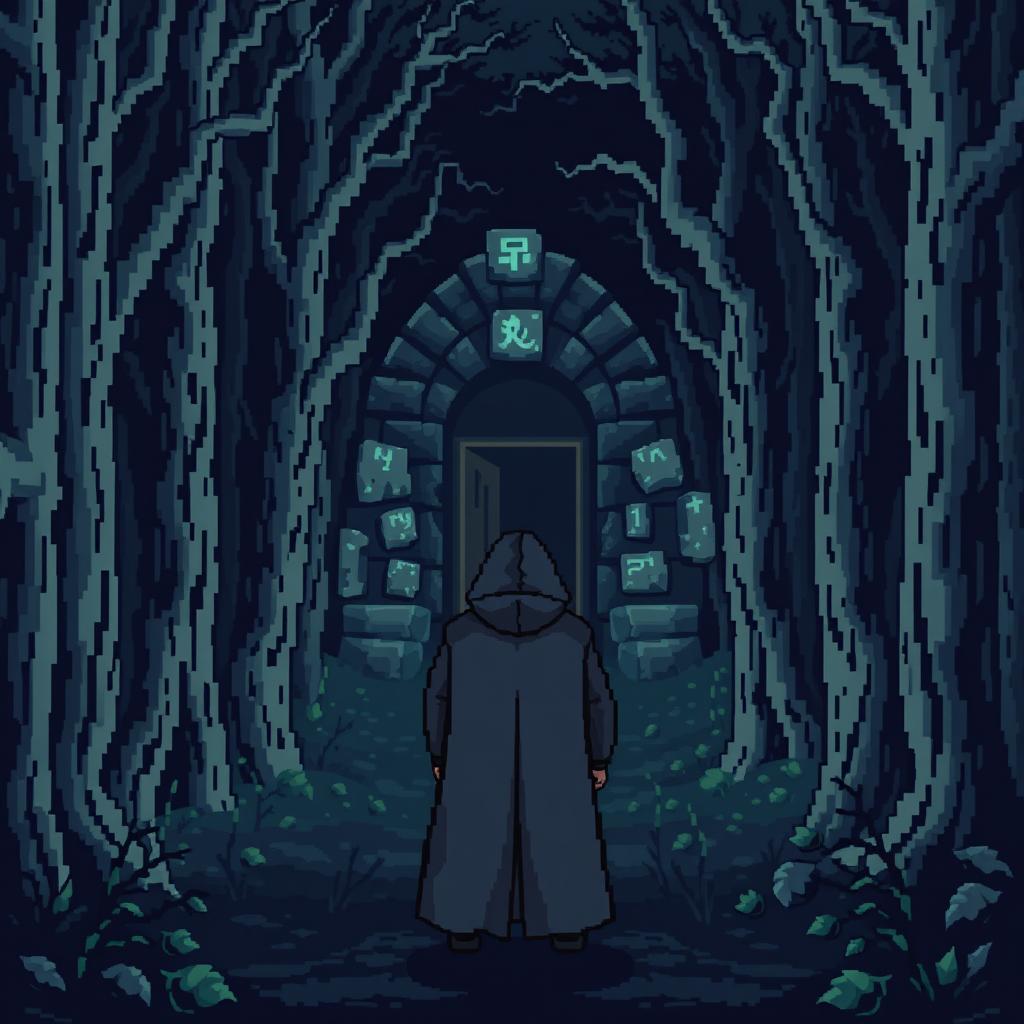 A pixel art scene depicting a dark and gloomy forest filled with pixelated trees that are tall and twisted, adding to the eerie atmosphere