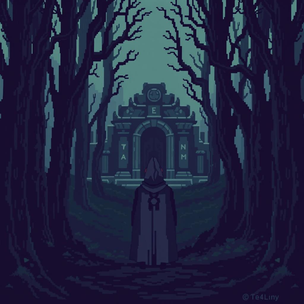 A pixel art scene depicting a dark and gloomy forest filled with pixelated trees that are tall and twisted, adding to the eerie atmosphere