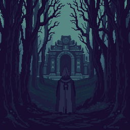 A pixel art scene depicting a dark and gloomy forest filled with pixelated trees that are tall and twisted, adding to the eerie atmosphere