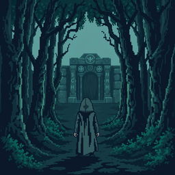 A pixel art scene depicting a dark and gloomy forest filled with pixelated trees that are tall and twisted, adding to the eerie atmosphere