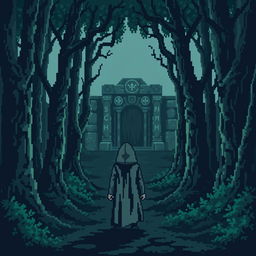 A pixel art scene depicting a dark and gloomy forest filled with pixelated trees that are tall and twisted, adding to the eerie atmosphere