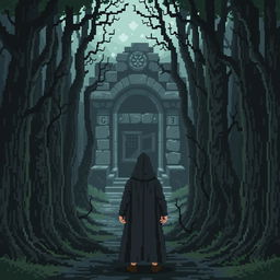 A pixel art scene depicting a dark and gloomy forest filled with pixelated trees that are tall and twisted, adding to the eerie atmosphere