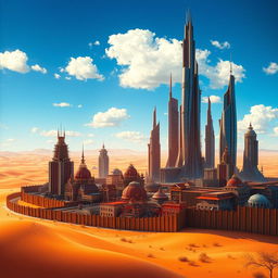 A futuristic city featuring a harmonious blend of Victorian-style houses and sleek modern skyscrapers