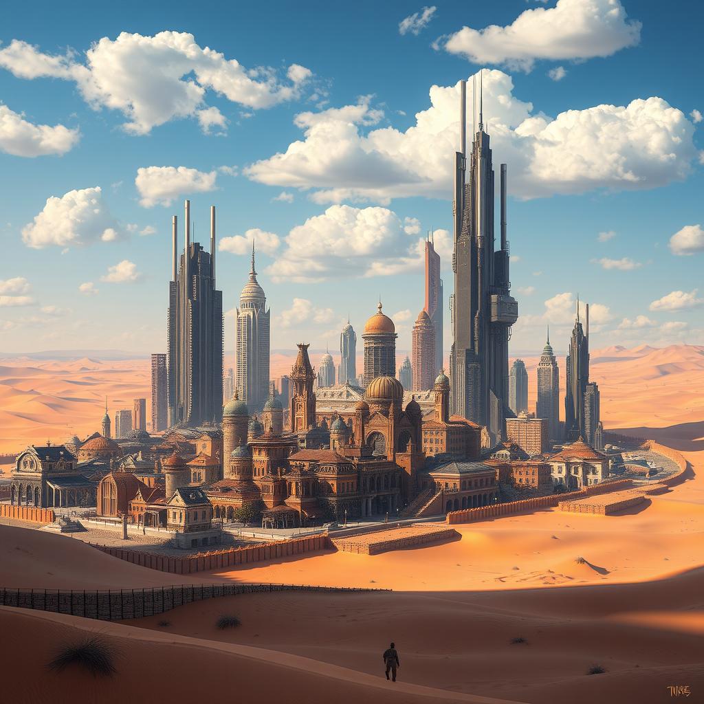 A futuristic city featuring a harmonious blend of Victorian-style houses and sleek modern skyscrapers